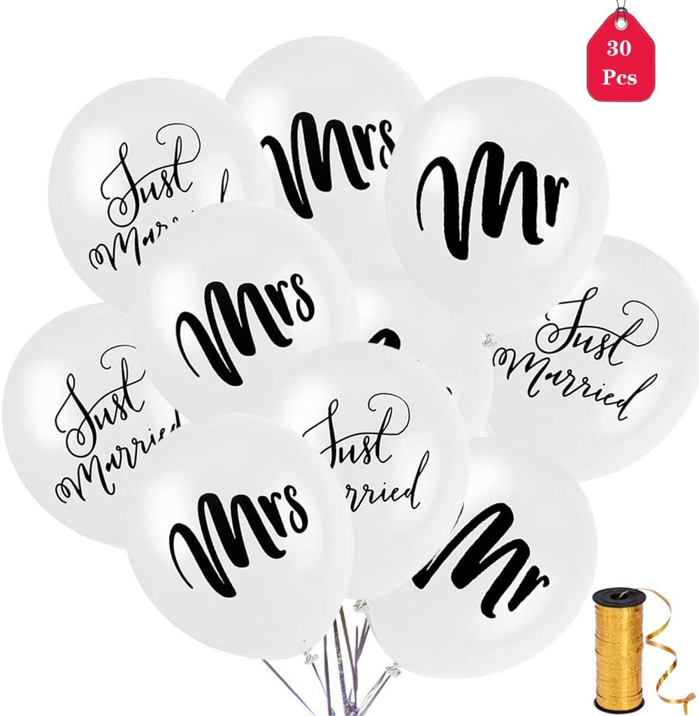 DreamJ 30Pcs Mr. & Mrs. Balloons Just Married Balloons, 10in Wedding Balloons White Balloons Great for Bridal Shower Decorations,Wedding and Bachelorette Party Suppliers