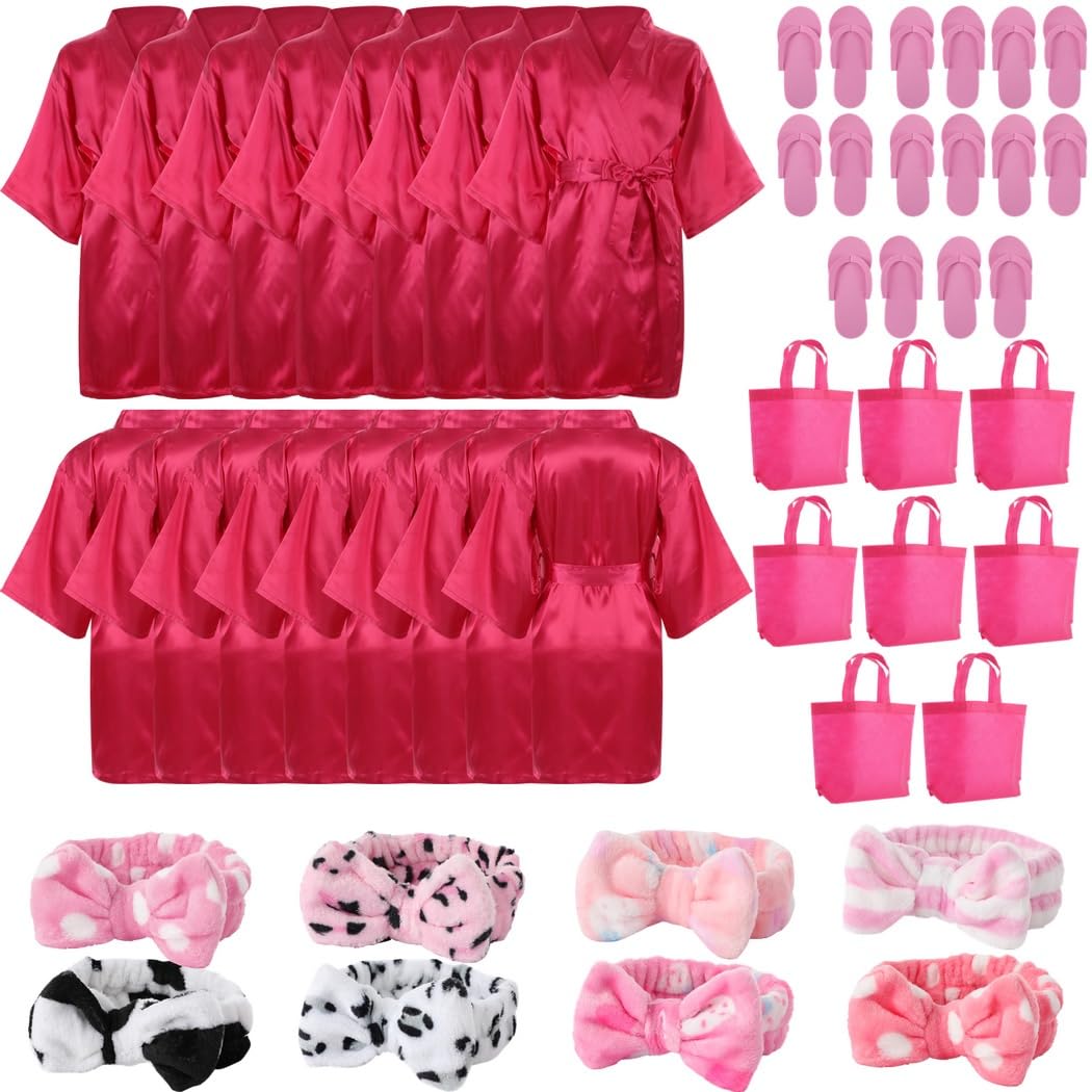 Kit de fiesta de spa de 32 piezas: incluye 8 kimonos de satén, 8 diademas de spa, 8 pantuflas de espuma y 8 bolsas para fiestas de pijamas de niños, fiestas de pedicura y diversión en el salón de
