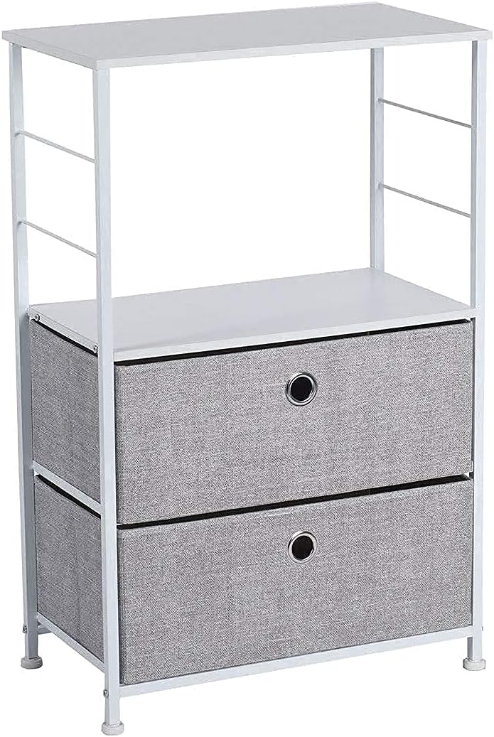 2-Drawer Nightstand with Shelf Storage Bedside Furniture & Accent End Table Chest for Home, Bedroom, Office, College Dorm, Steel Frame, Wood Top, Easy Pull Fabric Bins (White/Gray)