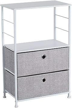 LINKLIFE 2-Drawer Nightstand with Shelf Storage Bedside Furniture & Accent End Table Chest for Home, Bedroom, Office, College Dorm, Steel Frame, Wood Top, Easy Pull Fabric Bins White/Gray
