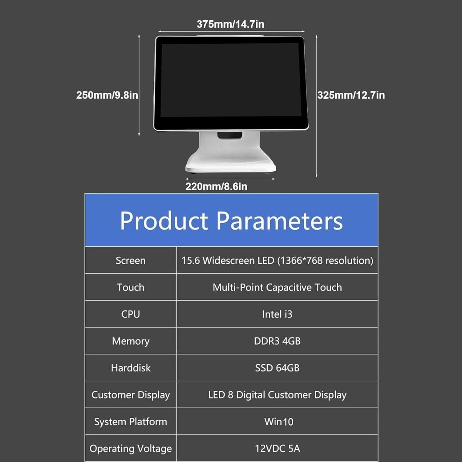Caja registradora con pantalla táctil inteligente de 15,6 pulgadas, computadora con pantalla táctil capacitiva, resolución de 1366 * 768, para venta minorista, catering, hotelería (no incluye software