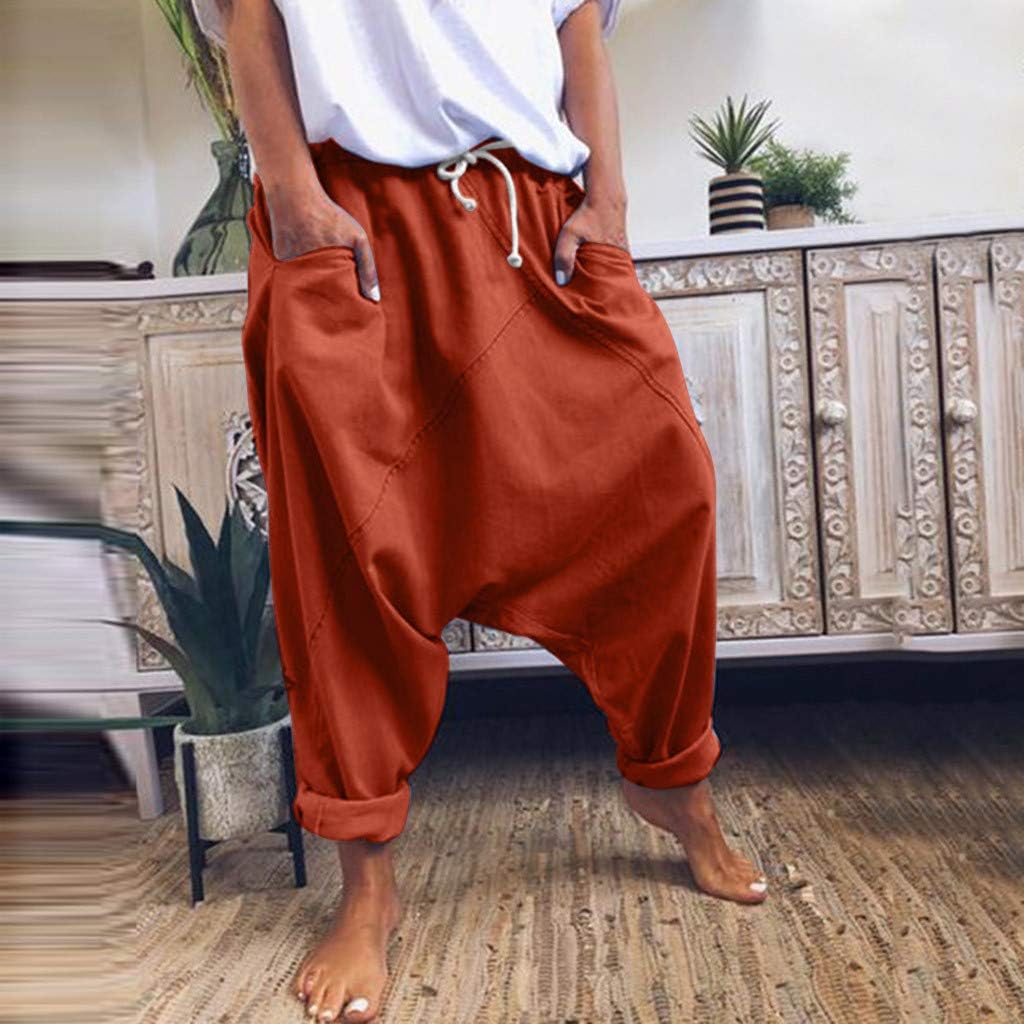 Harem Pants for Women Elastic Waist Aladdin Hippie Pants Loose Drop Crotch Trousers Baggy Boho Yoga Pants with Pockets Orange