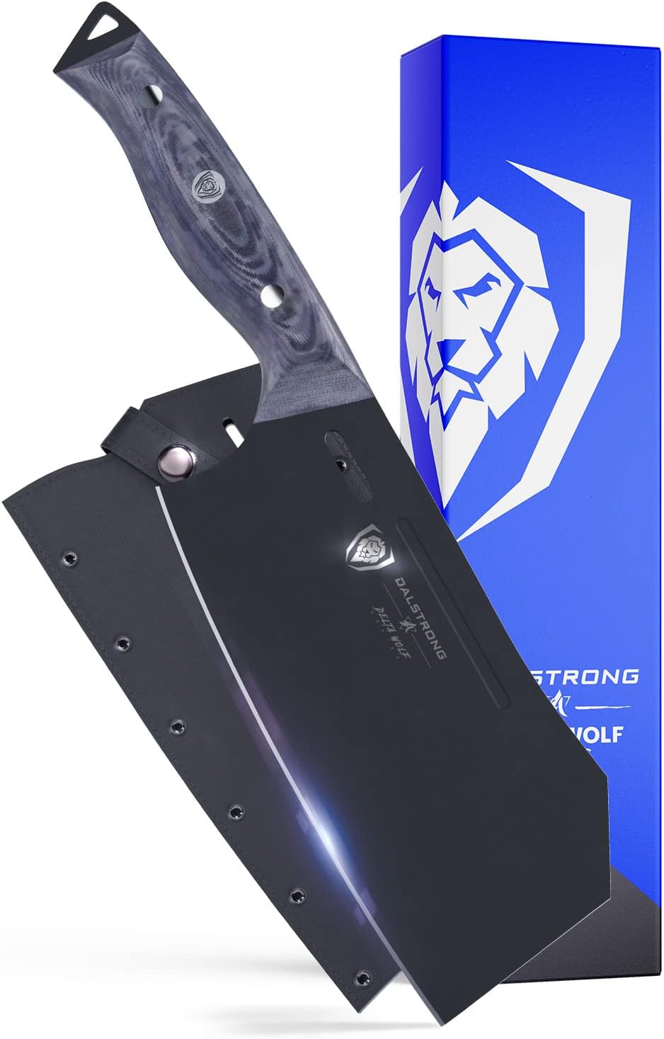 DALSTRONGMeat Cleaver Knife - 7"- Delta Wolf Series - Ultra-Thin & Zero Friction Blade - HC Steel - Black Titanium Nitride Coating - Camo Handle-Giftable Heavy Duty Knife-Leather Sheath