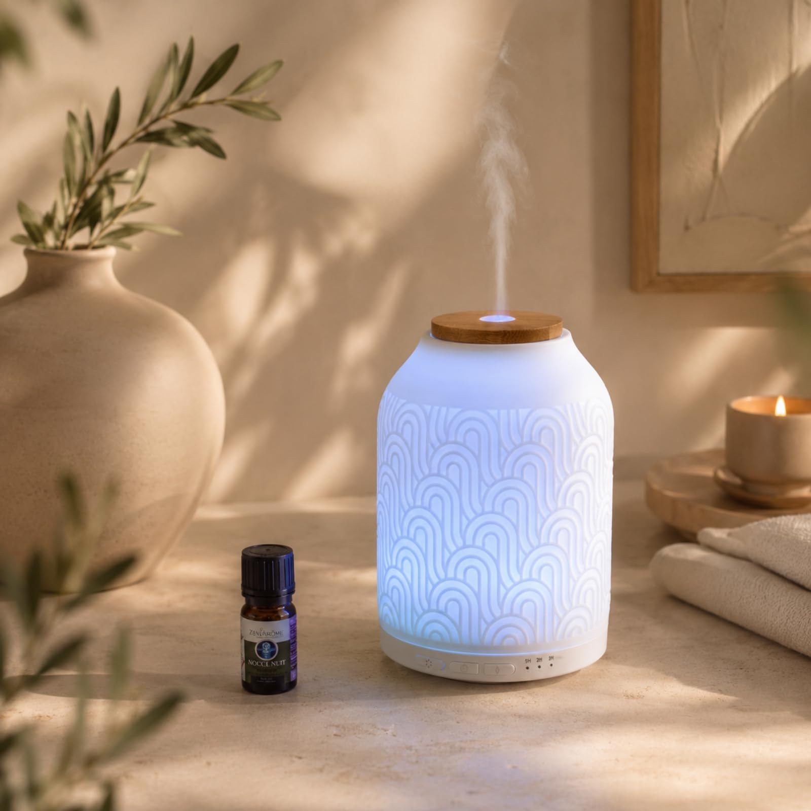 Zen'Aroma Difusor de Aceite Esencial WiFi Praga - Difusor Eléctrico Conectado Compatible Alexa/Google Home - Control Total Remoto en la App Tuya Smart - Materiales Naturales Madera y Cerámica
