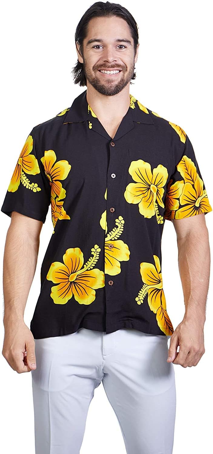 Favant Tropical Luau Beach Hibiscus Floral Print Men’s Hawaiian Aloha Shirt (Small, Black/Yellow)