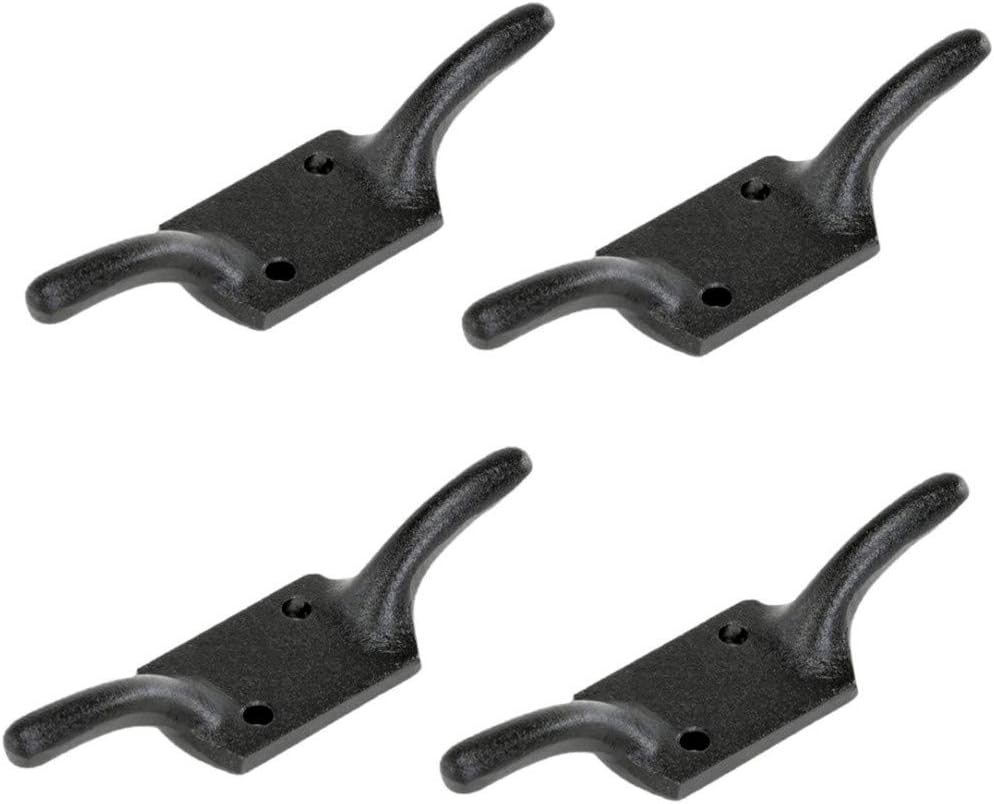 Renovators Supply Manufacturing Cleat Hooks 4 in. Black Wrought Iron Cord Rope Holder for Window Blinds Or Flagpoles with Screws Pack of 4