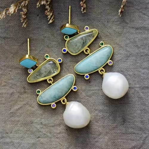 Yomisa Boho Dangle Earrings for Women Gold Silver,Statement Earrings Amethyst Jade Pearl Drop Dangle Earrings for Women Trendy Jewelry Gifts,Lightweight Western Handmade Natural Stones Drop Earrings4