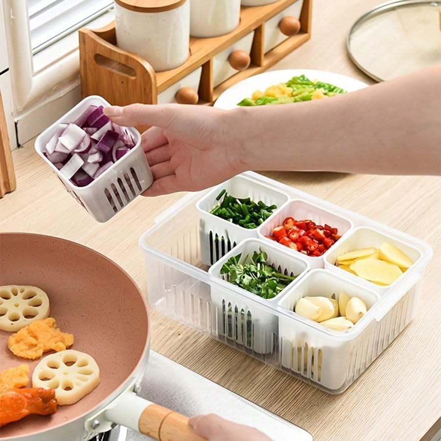 Image of 6 Compartment Refrigerator Storage Box with Lid Fridge Organizer Container for Vegetables Fruits Snacks Multi Section Food Storage Box for Chopped Veggies Kitchen Fridge Organizer Bin BPA Free