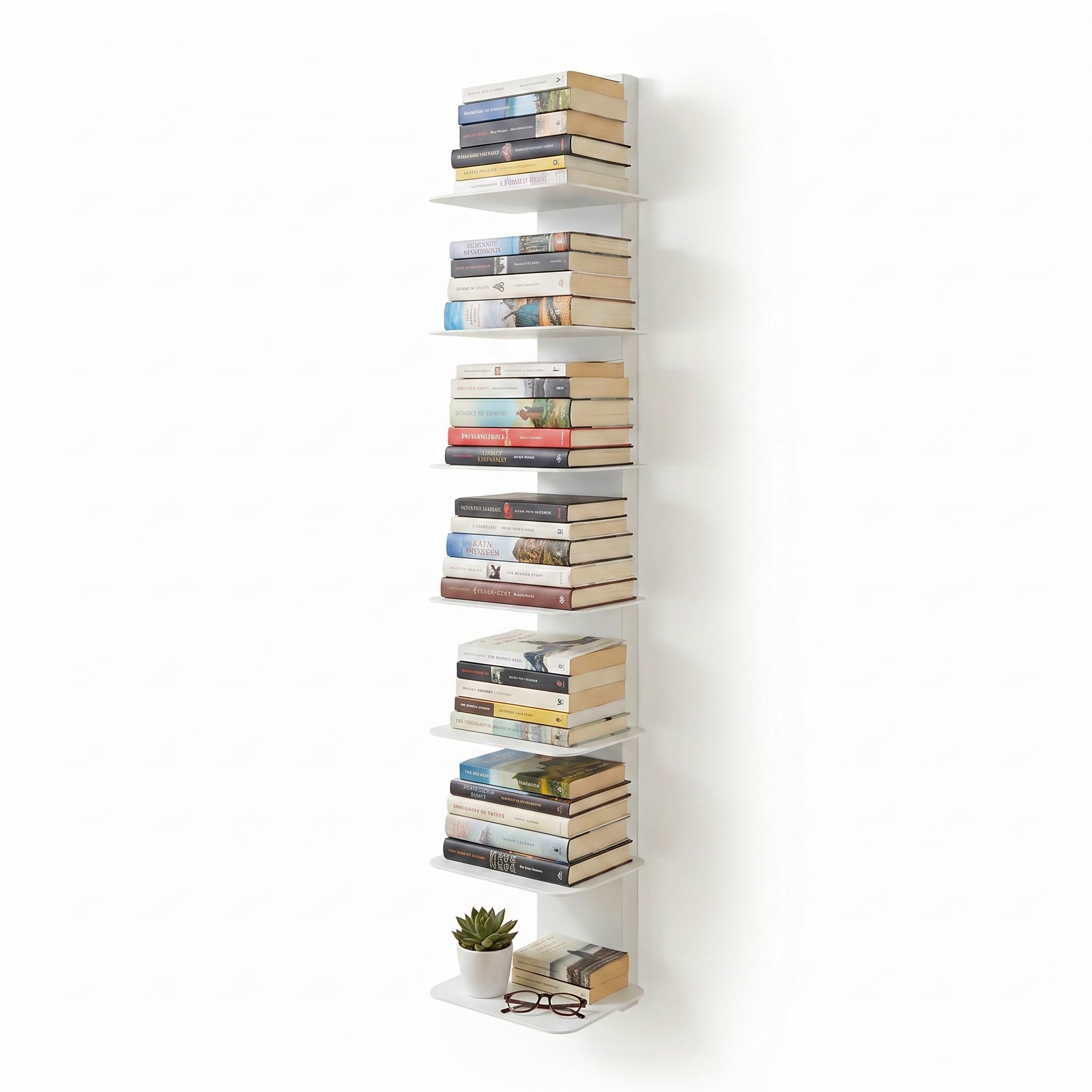 Flo.mar Librería Estantería Vertical de Pared en Metal Resistente con 7 Estantes 20x15 cm, Estanterías Metálicas Modernas para Libros Hogar y Oficina (Blanco, 103 cm)