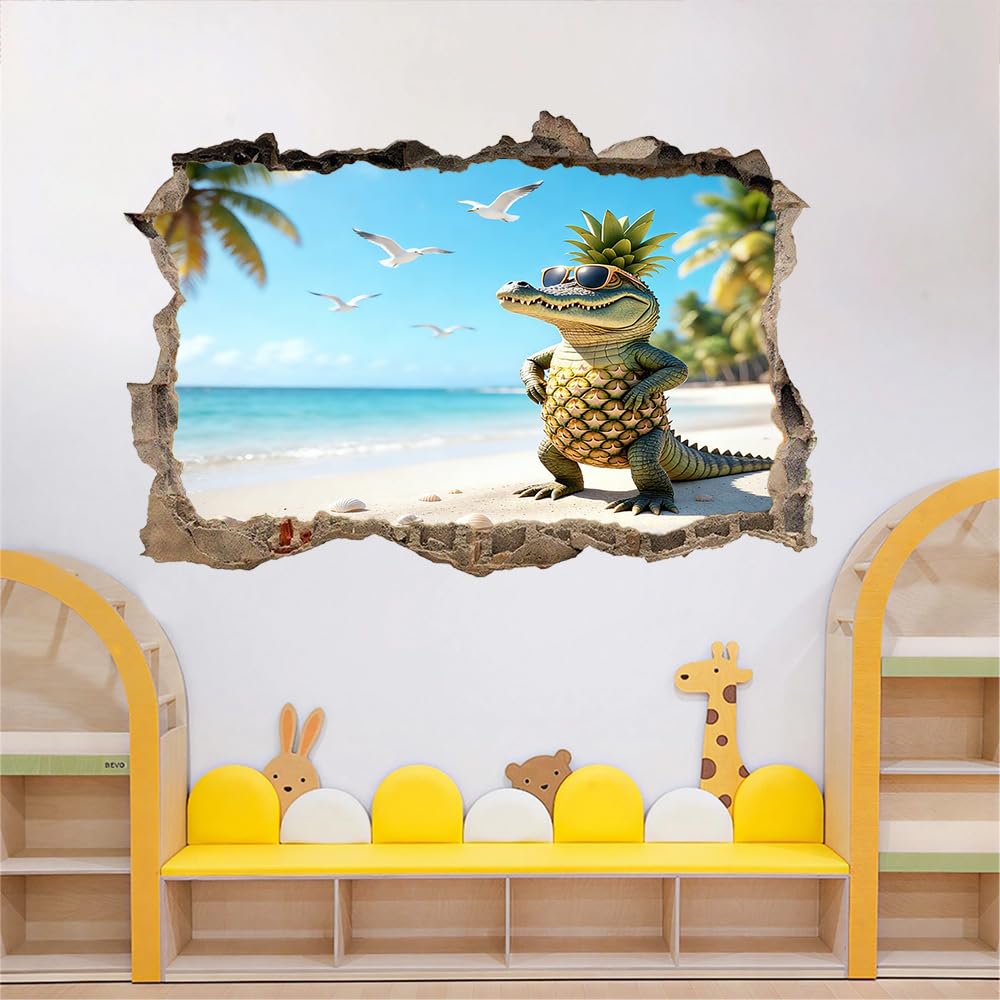 3D Durchbruch Wandtattoo Mädchen Kinderzimmer Krokodil-Ananas Wandaufkleber Dekorative Seagull Beach Landschaft Wandsticker für Junge Teenager Zimmer Wohnzimmer Schlafzimmer Wandbilder Deko