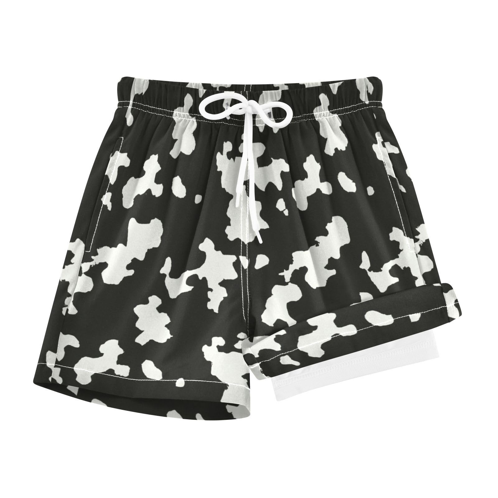 YANENDIE Boy Swim Trunks with Compression Liner Black White Camo Boys Swim Shorts Quick Dry Beach Shorts