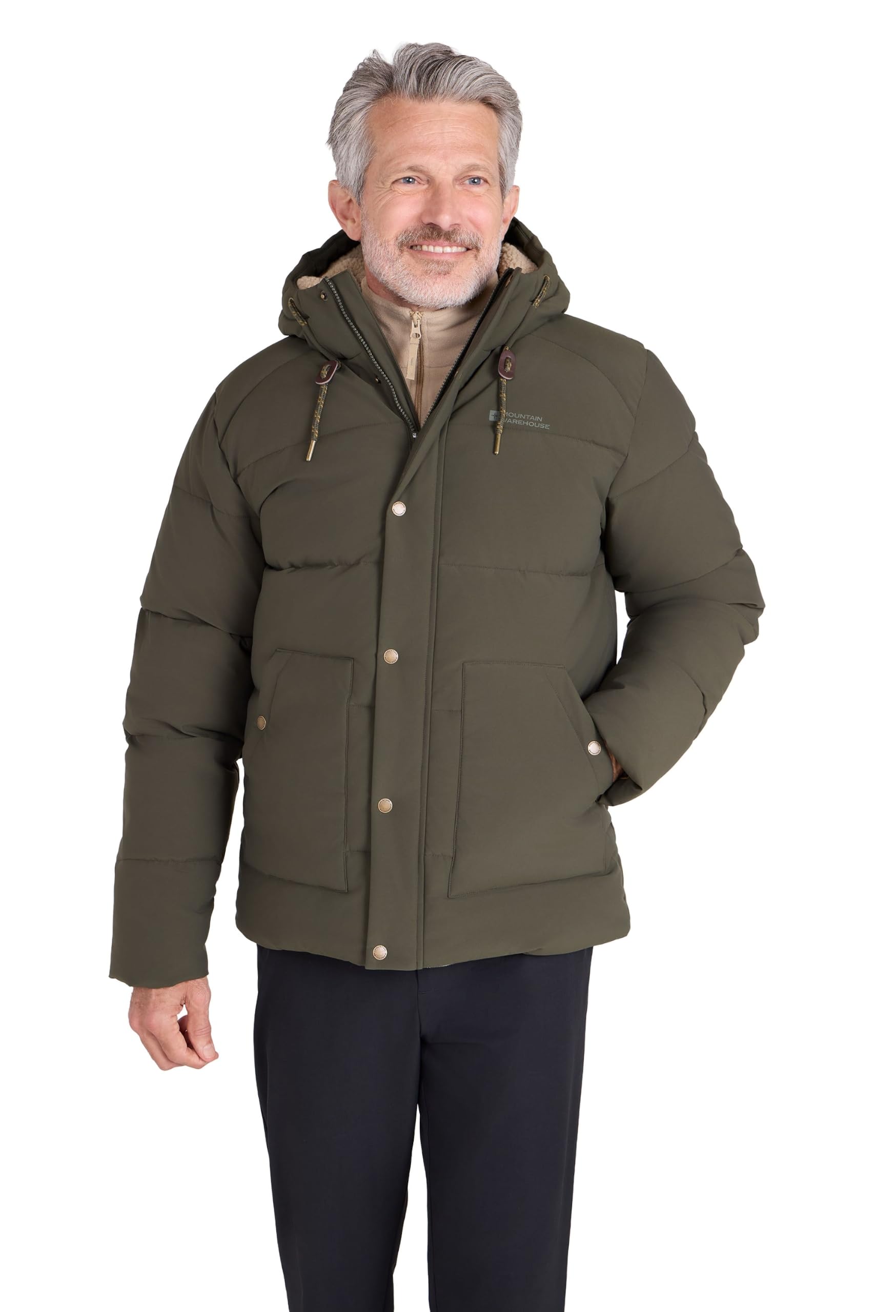 Mountain Warehouse Manta Mens Borg Lined Padded Jacket - IsoTherm, Water-resistant Parka Coat with Adjustable Hood - Autumn Winter, Outdoors, Travelling & Hiking Khaki 3XL