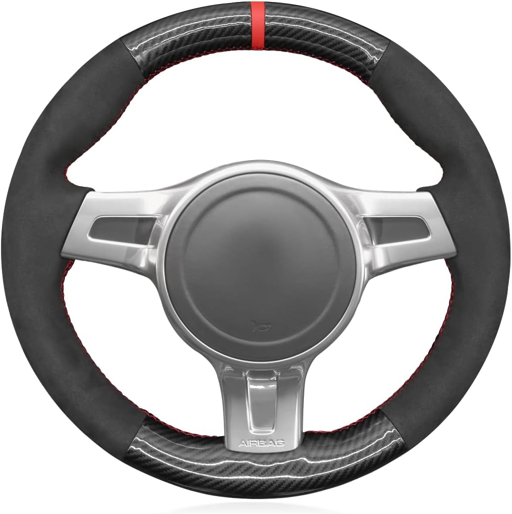 MEWANT Hand Stitch Black Suede Shiny PU Carbon Fiber Steering Wheel Cover for Porsche 911 Boxster 981 Cayman Cayenne