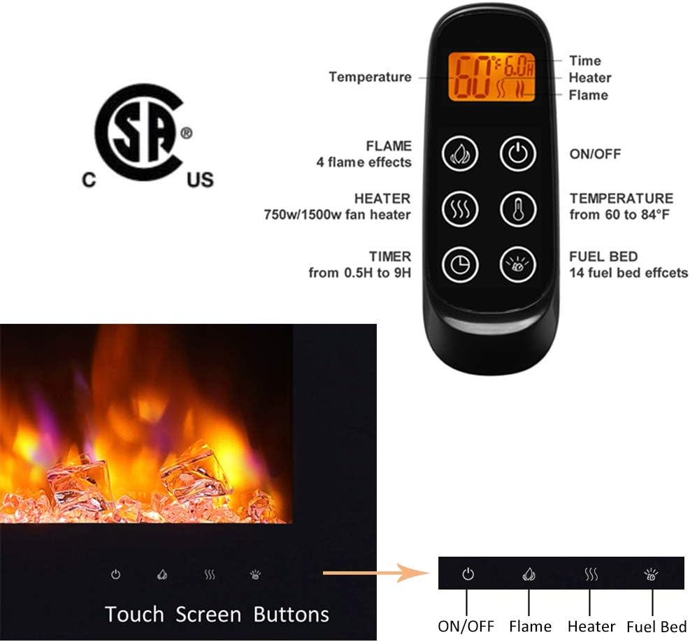 RICHFLAME Recessed Electric Fireplace - Bella 60 Inches for 2 X 6 Stud, 14 Fuel Bed Colors - Realistic 4 Flame Colors, 1500/750 Watt Heater, Thermostat and Timer Set by Remote, Log - Crystal, Black