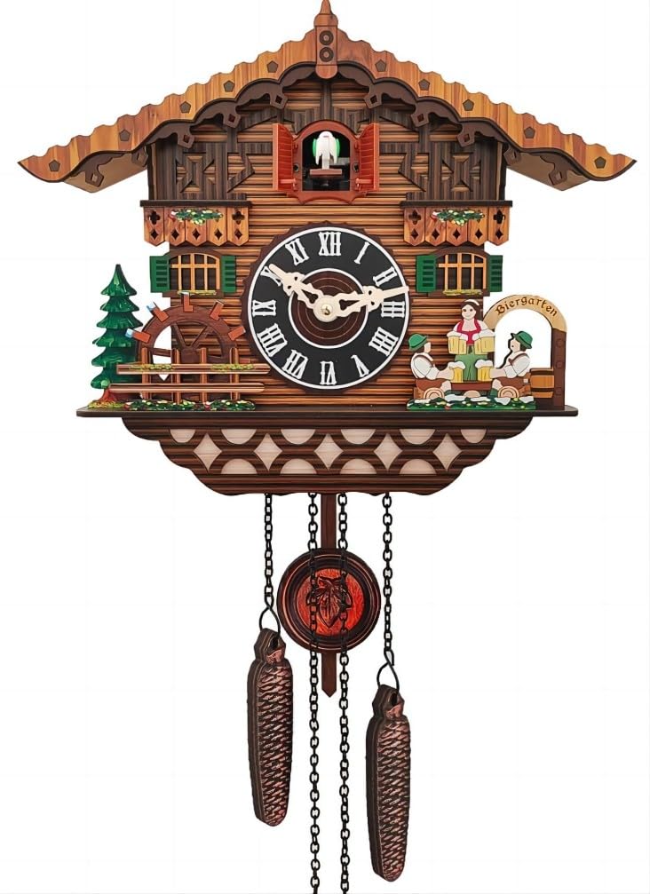 Horloge coucou en bois faite à la main - Chalet de forêt - Horloge à quartz pour décoration de salon (24,4 cm)