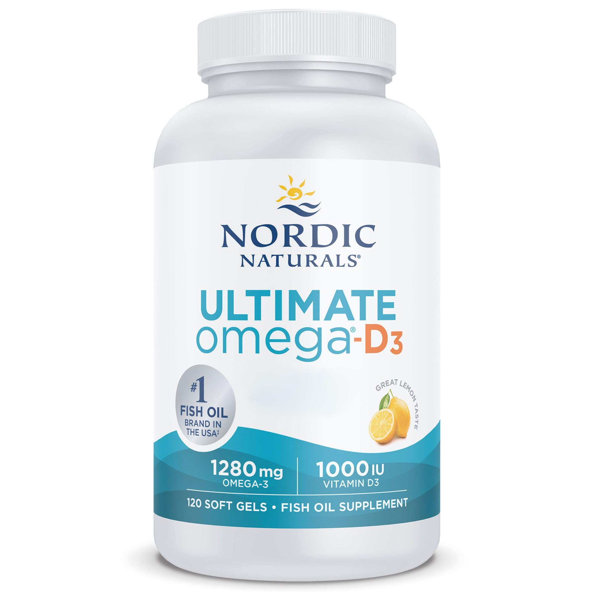 Nordic Naturals Ultimate Omega-D3, 1280 mg Omega-3 Fischöl-Nahrungsergänzungsmittel mit EPA, DHA und Vitamin D3, hoch dosiert, Zitronengeschmack, 120 Softgel-Kapseln, ohne Soja, glutenfrei