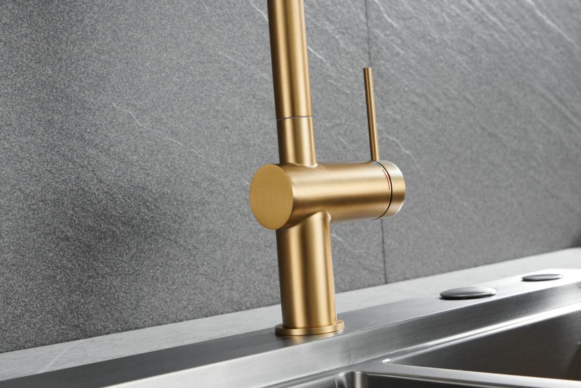 MICE/IMEX - Grifería de cocina monomando extraíble - Grifo monomando de fregadero con sistema ahorro energético - Mezclador agua fria/caliente - Caño Giratorio a 360° - Oro Cepillado