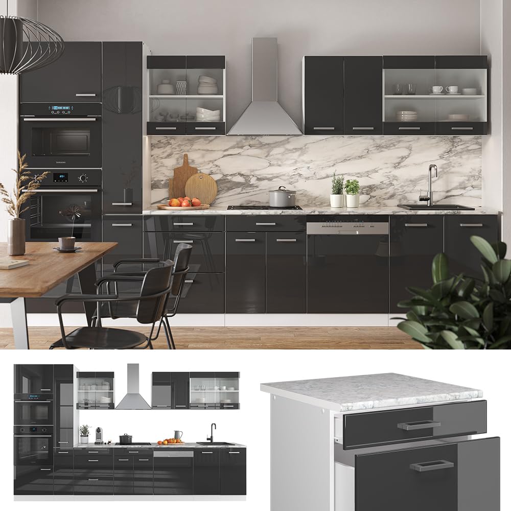 Vicco Cucina componibile R-Line, Antracite lucido/bianco, 350 cm con armadio alto, senza piano di lavoro, adatto per disposizione e ampliamento personalizzati