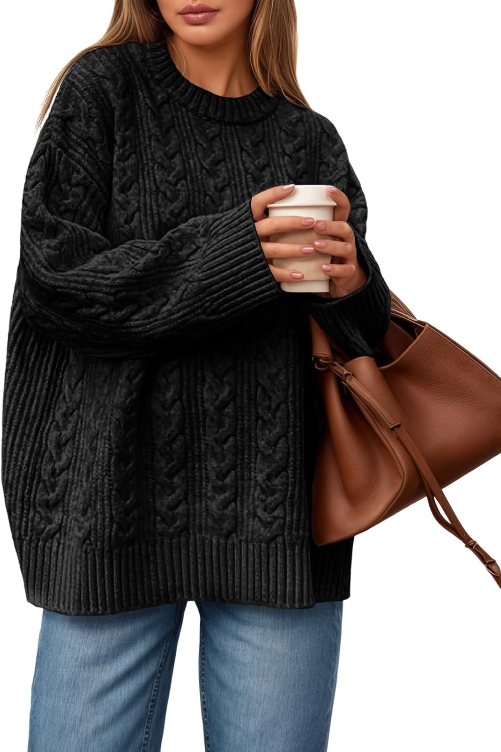 Saodimallsu Womens Cable Knit Sweater Oversized Long Sleeve Chunky Knit Crew Neck Fall Pullover Sweaters Top