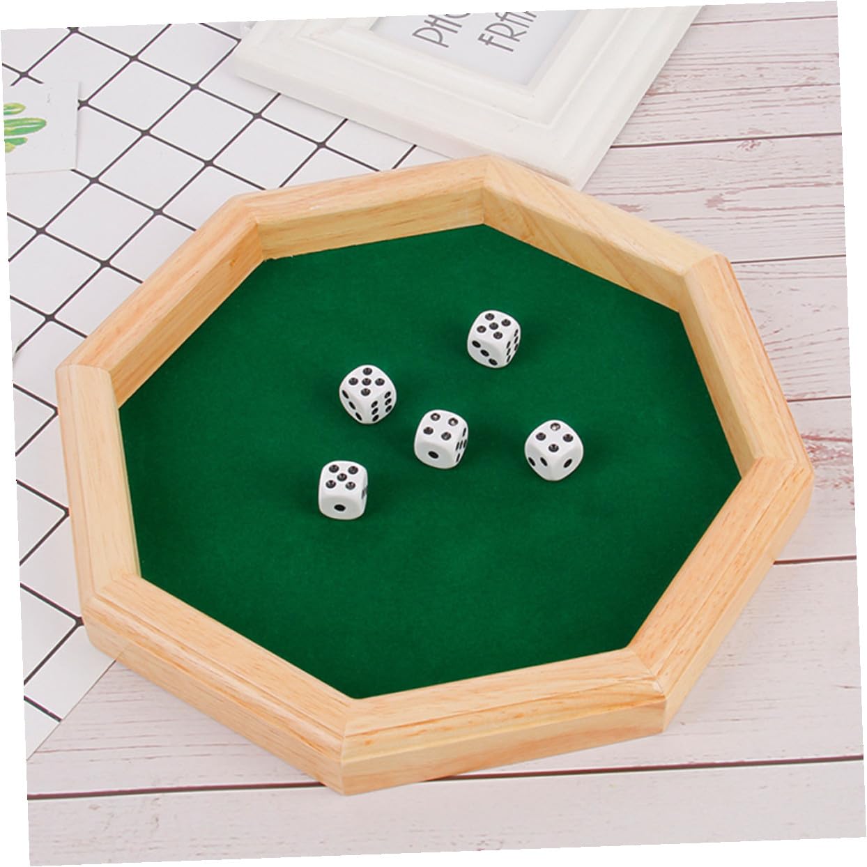 Uonlytech Plateau de Jeu de Dés à Boire Octogonal en Bois Vert, Facile à Jouer, pour Soirées et Entraînement de Dextérité Manuelle