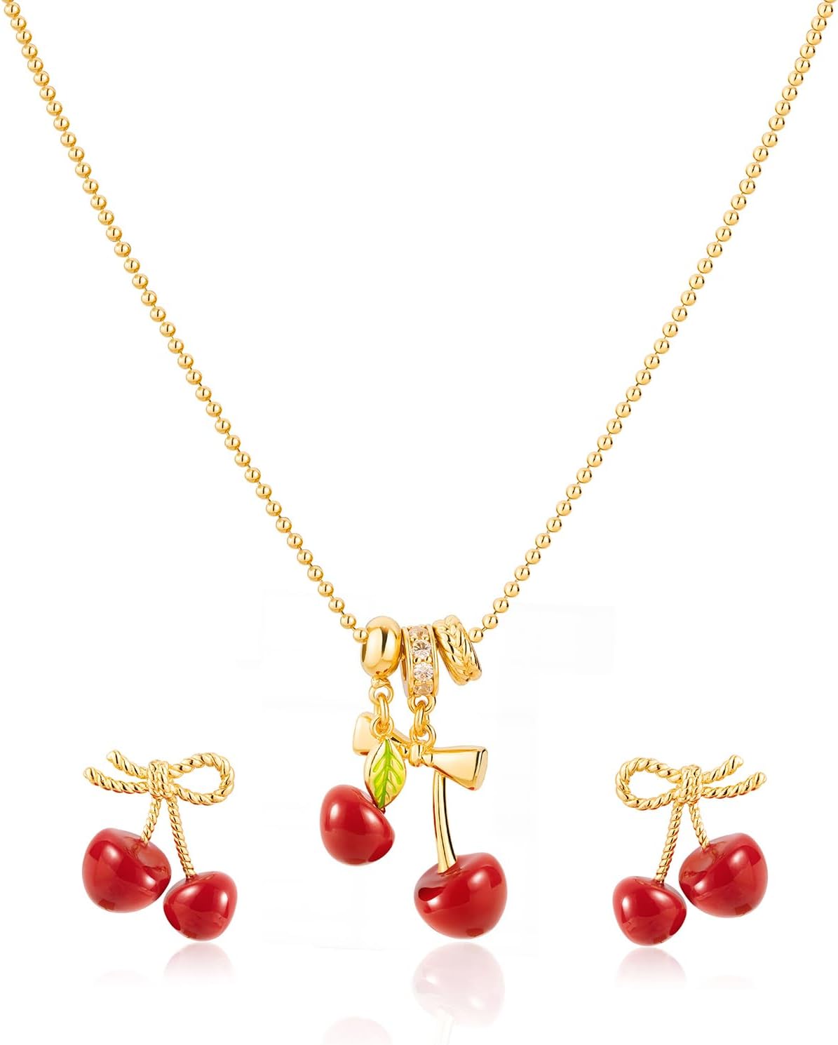 Milan Chiva Cherry Earrings Necklace Sets for Women 14K Gold Stud Earrings Cherry Pendant Necklaces Fasion Jewelry
