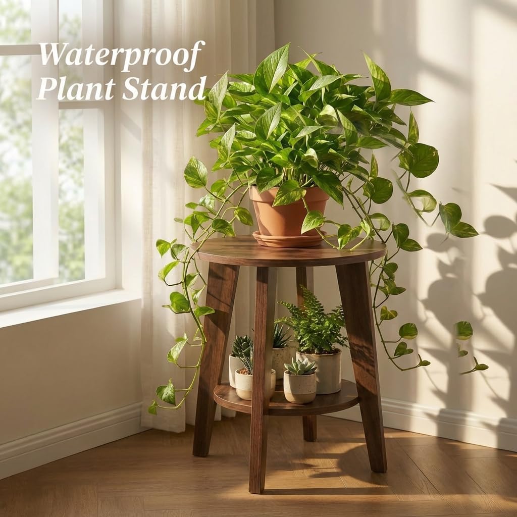 Small Round Side Table - 17.7" Cute End Table with 2-Tier Storage - Waterproof Low Nightstand for Kids Room, Nursery, Small Spaces, Plant Stand & Bean Bag (Walnut)