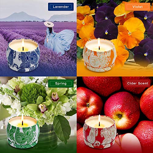 Scented Candles Gift Set, Natural Soy Wax Portable Travel Tin Candle Women Gift, Violet, Lavender, Cider Scent and Spring Fresh, for Stress Relief and Aromatherapy Set of 4 (4 x 4.4 Oz) - Thumbnail 2