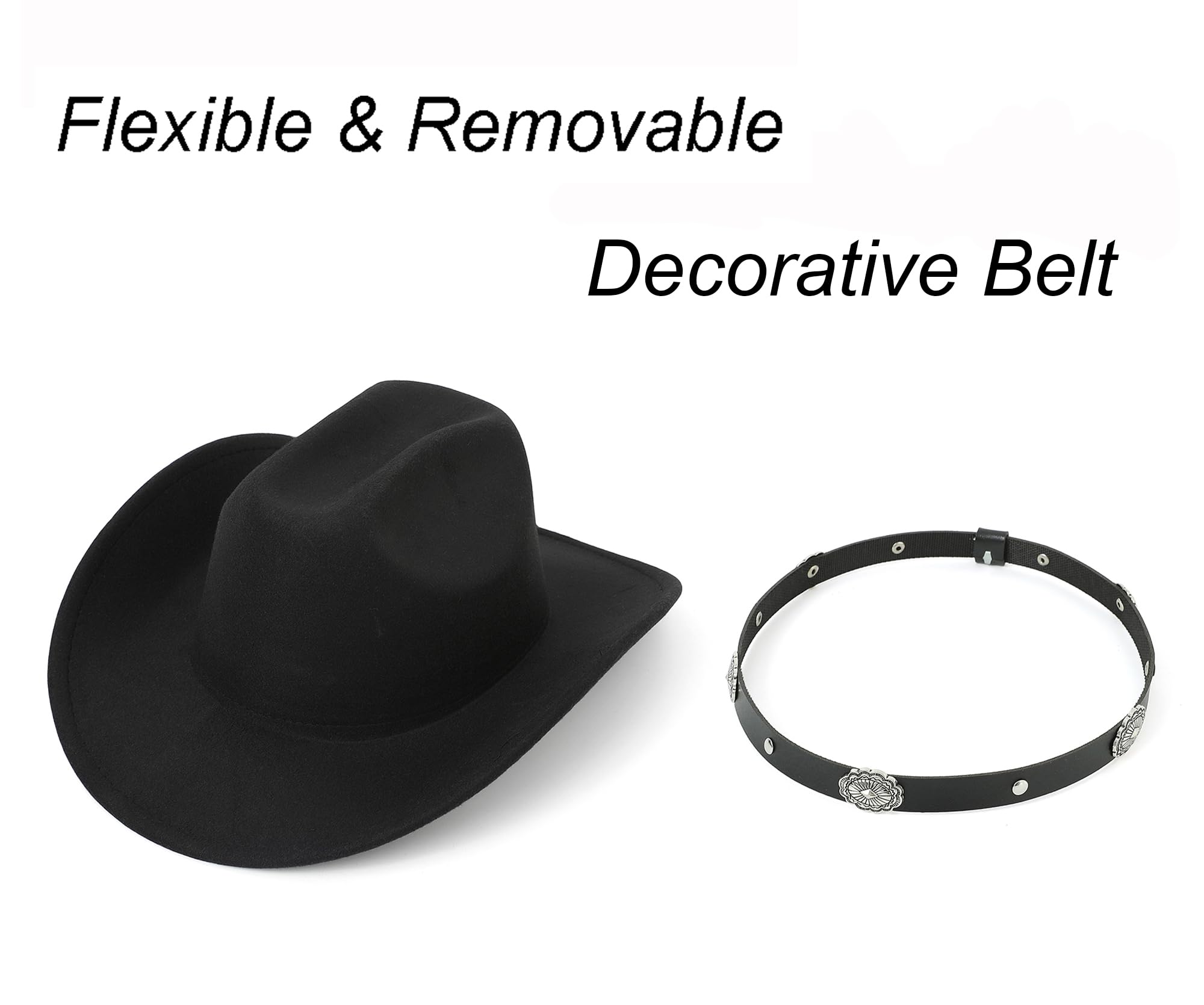 Cappello da cowboy classico occidentale a tesa ribassata in feltro, cappello da cowgirl, cappello da rodeo con cintura, per donne e uomini (adatto per 56,9-58,9 cm)