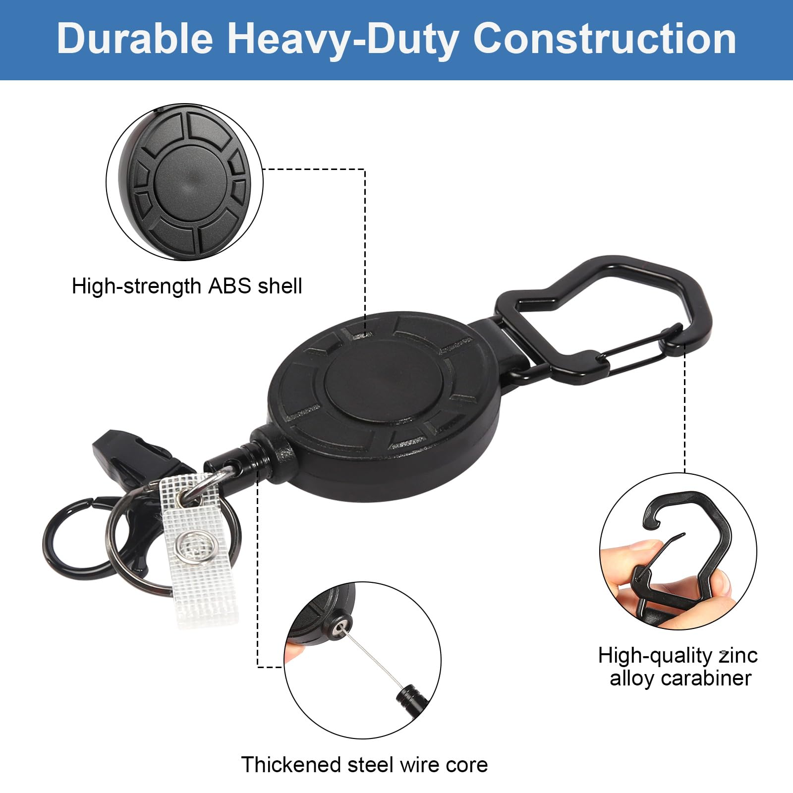 Intrekbare badgehouder – 2 stuks: Retractable Keyring met clip, keychain en intrekbaar koord voor ID-badges. (Black 2 Pcs