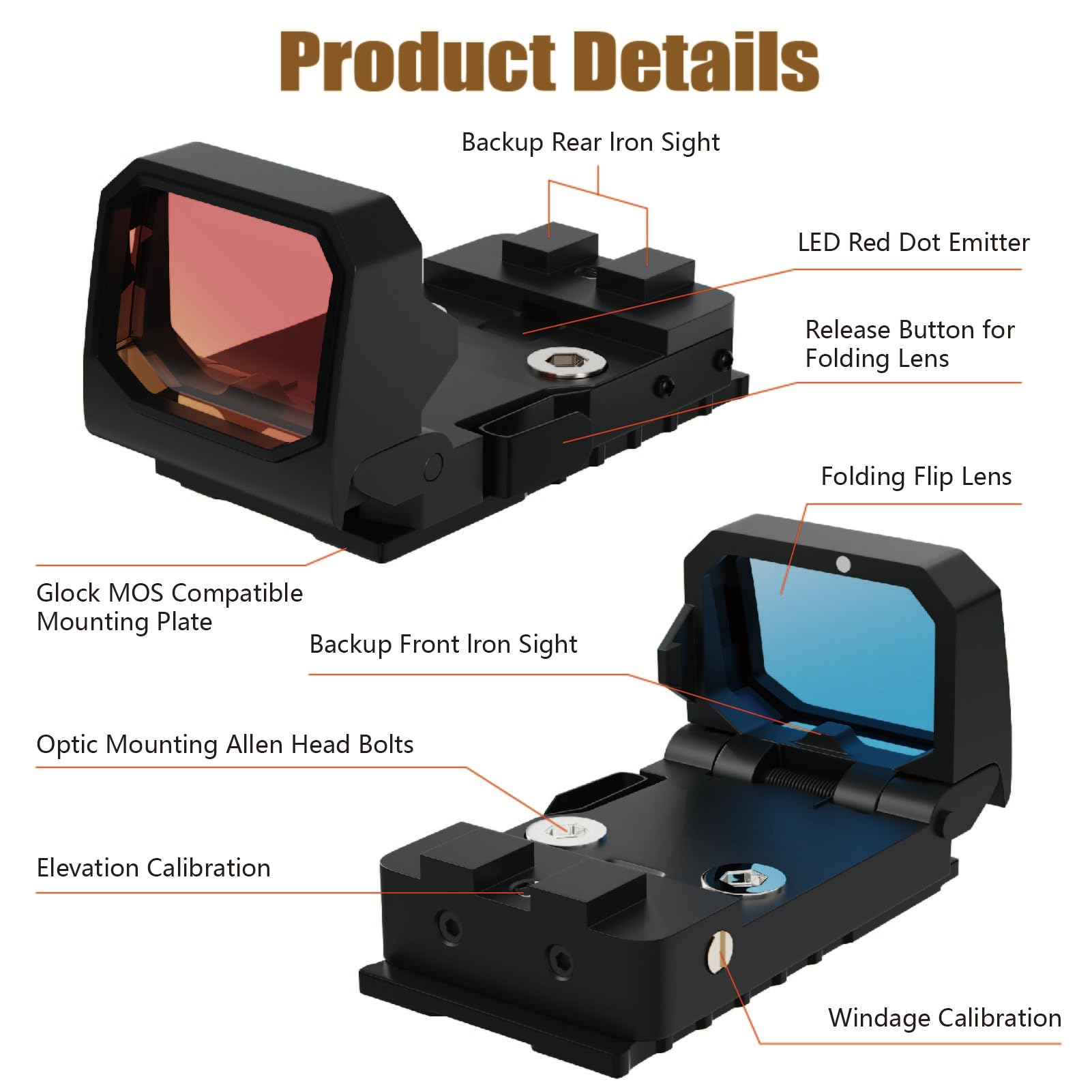 Meprolight Mepro Tru-Dot tritium Night Sights Compatible with H&K USP Compact Size Tactical Expert Orange Rear dots Glow on Sight self Illuminated Fixed Metal Sights