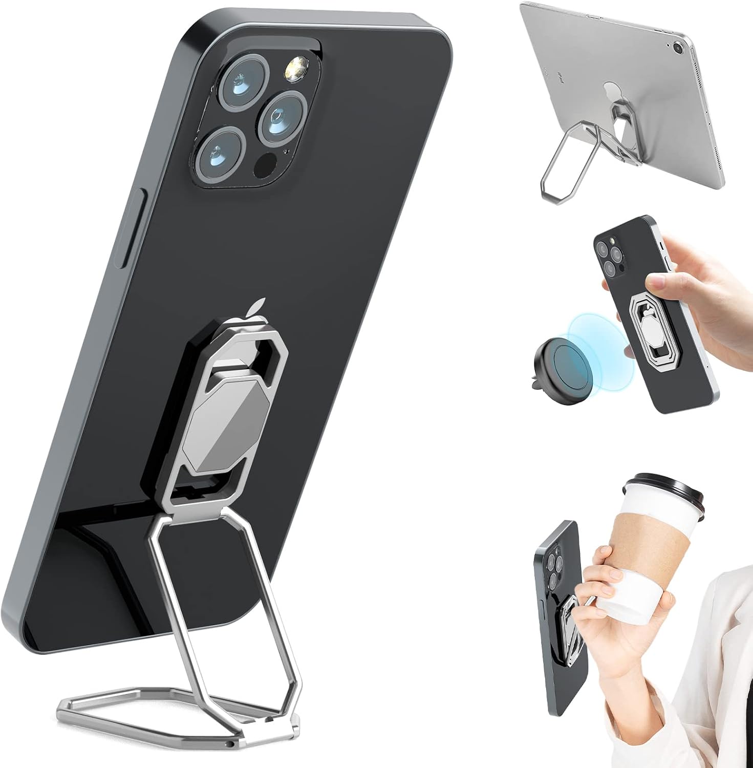 Phone Holder Foldable Phone Stand Phone Ring Holder Finger Kickstand 360° Rotation Cell Phone Stand Metal Phone Grip for Magnetic Car Mount Sticky Phone Grip Compatible with Most Smartphones