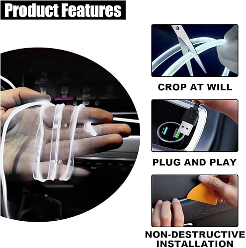 Miniatura 3 de Tira de luces LED para interior de automóvil con cable EL, tira de luz de neón USB para automóvil con borde de costura, luz de neón de 16 pies 5 V