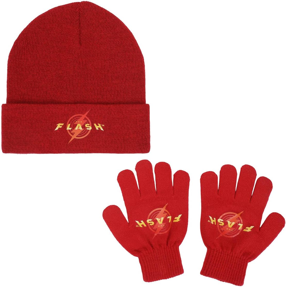 The Flash Logo Youth Red Cuffed Beanie and Gloves Set