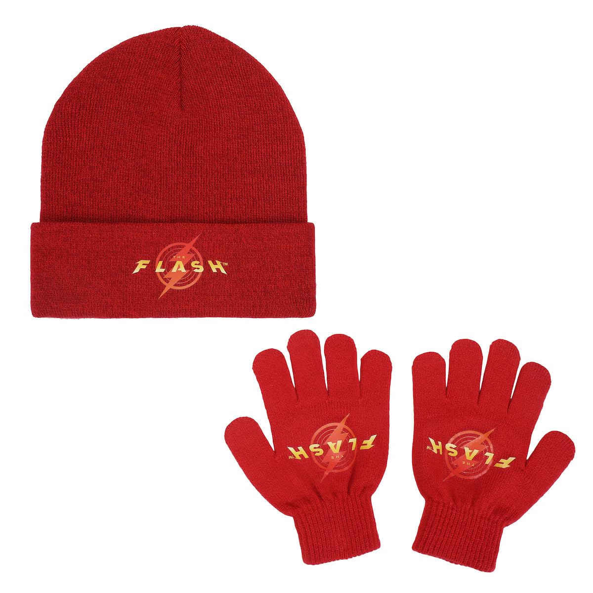 The Flash Logo Youth Red Cuffed Beanie and Gloves Set