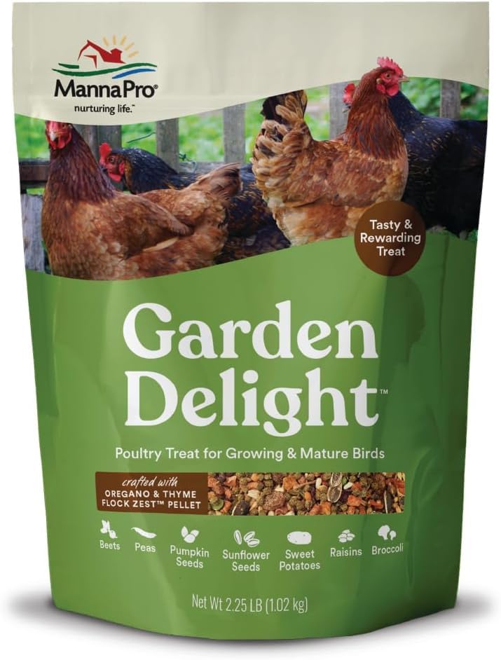Image of Manna Pro Garden Delight Chicken Treat, Dried Vegetable&Herb Treat Mix for Chickens, Ducks,and Poultry,Natural Coop Enrichment Snack for Hens and Backyard Birds, Made in USA,2.25 lb Bag (Pack of 6)