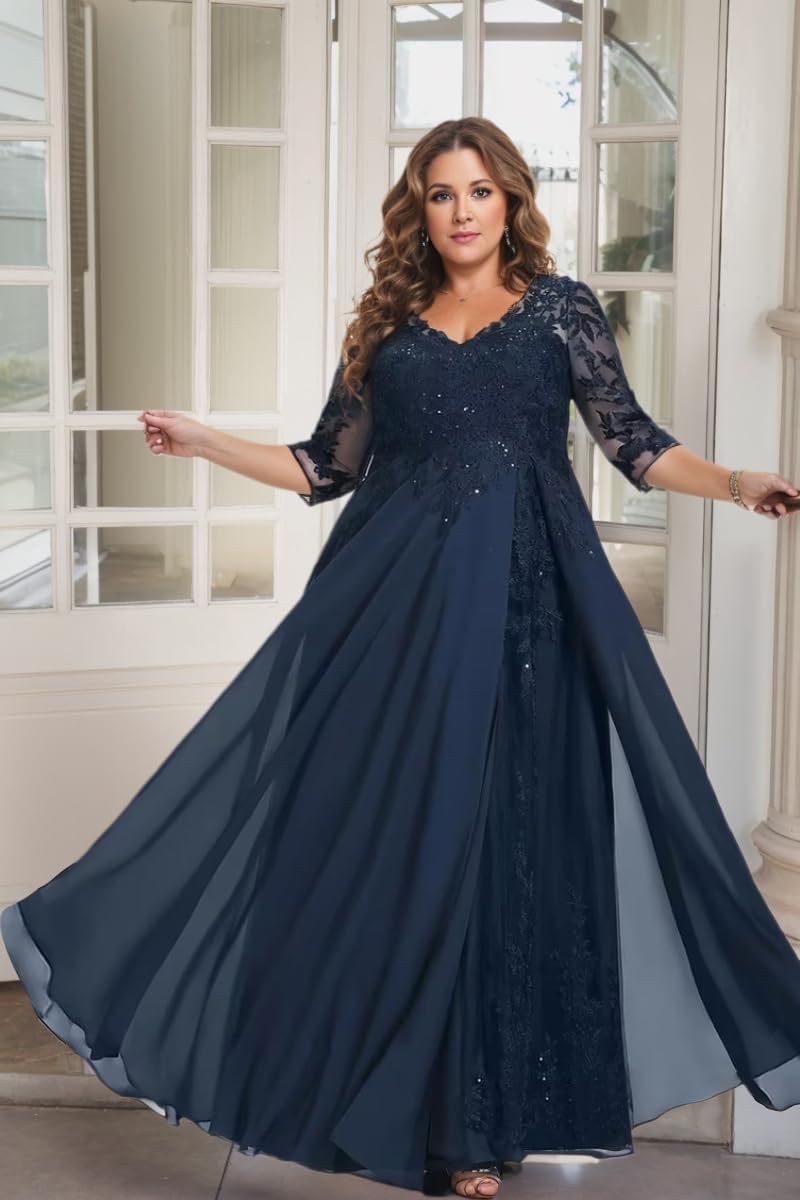 Brautmutterkleider für Hochzeit Damen Große Größe Abendkleider mit 3/4 Ärmel Pailletten Spitze Festliche Hochzeitsgast Partykleider