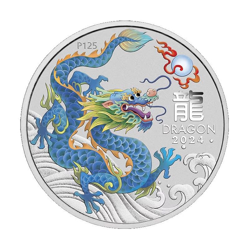 1 Unze Silbermünze Australien Lunar III Drache 2024-1 Oz Silver Coin BU Color Silber Rot Gelb Blau Lila Weiß (Teal)