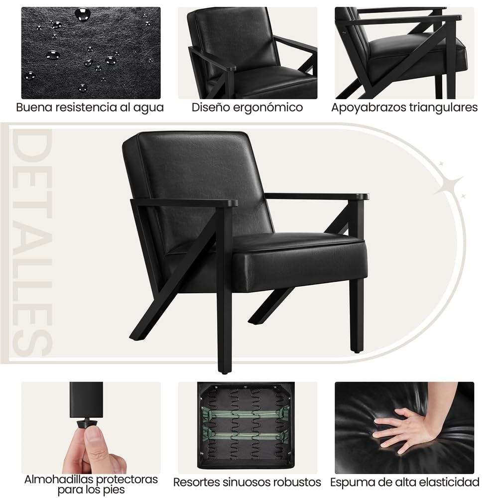 Yaheetech Sillón de Piel Sintética para Salón con Respaldo, Negro | Sillón Relax, Patas de Mader, para Sala de Estar, Oficina y Recepción, Marco de madera de caucho sólida