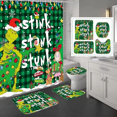 4 Pcs Christmas Shower Curtain Sets with Non-Slip Rugs Toilet Lid Cover and Non-Slip U Shape Bath Mat Christmas Bathroom Decor with 12 Hooks Xmas Holiday Home Decor(Green)