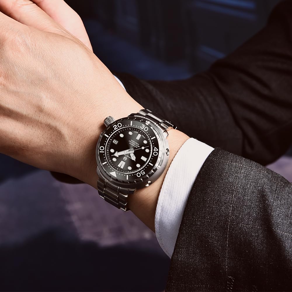 PAGRNE DESIGN Herrenuhren Automatische Armbanduhr Kratzfestes Synthetisches Saphirglas mit Datumsanzeige Gummi-Umweltschutzarmband