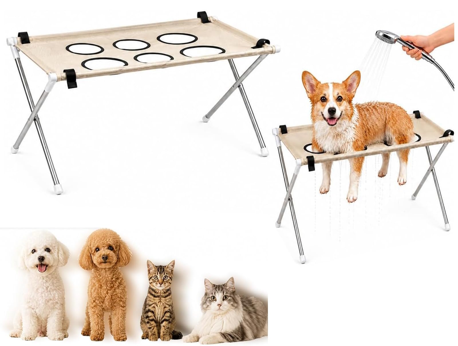 Pet Bathing Hammock for Dogs Cats, 8-Hole Grooming Harness with Stand for Bathing and Grooming, Nail Trimming and Ear Cleaning（Khaki）