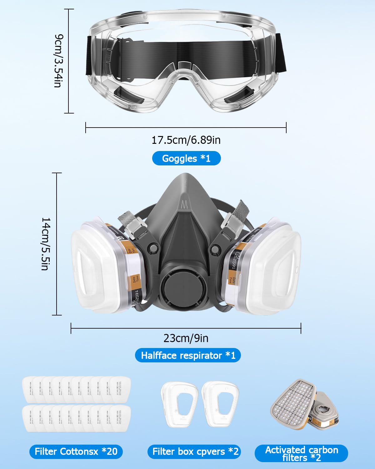 Masque de Protection Respiratoire Masque de Protection avec Filtre Masque Respiratoire avec Lunettes de Protection, Filtres, Coussinets Filtrants, pour Pulvérisation,Peinture,Produits Chimiques