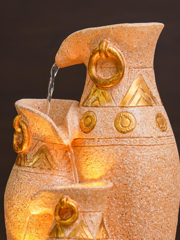 Image of Polyresin Sand & Golden Designer Table Top Jug Style Indoor 3 Steps Home Decor Water Fountain with Yellow LED Light & Water Flow Controller Pump (Size: 40 x 29.5 x 22CM | Weight: 2095grm)