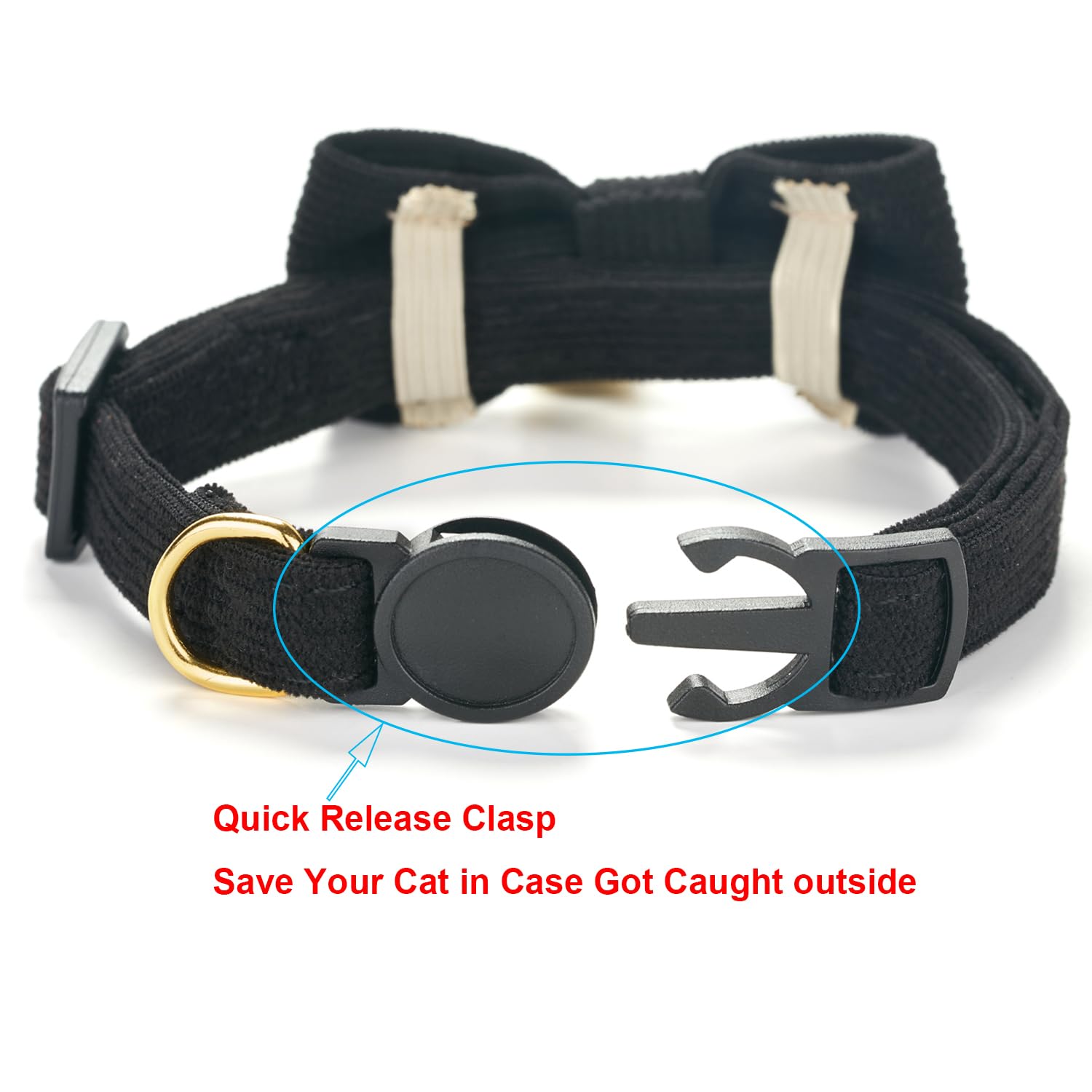 YUDOTE Ultra-soft Collar Natural Cotton Corduroy Made for Cats with Sensitive Skin,Lightweight Kitten Collars with Quick-release Buckle and Removeable Bow-tie,Black Pack of 1 - Image 3
