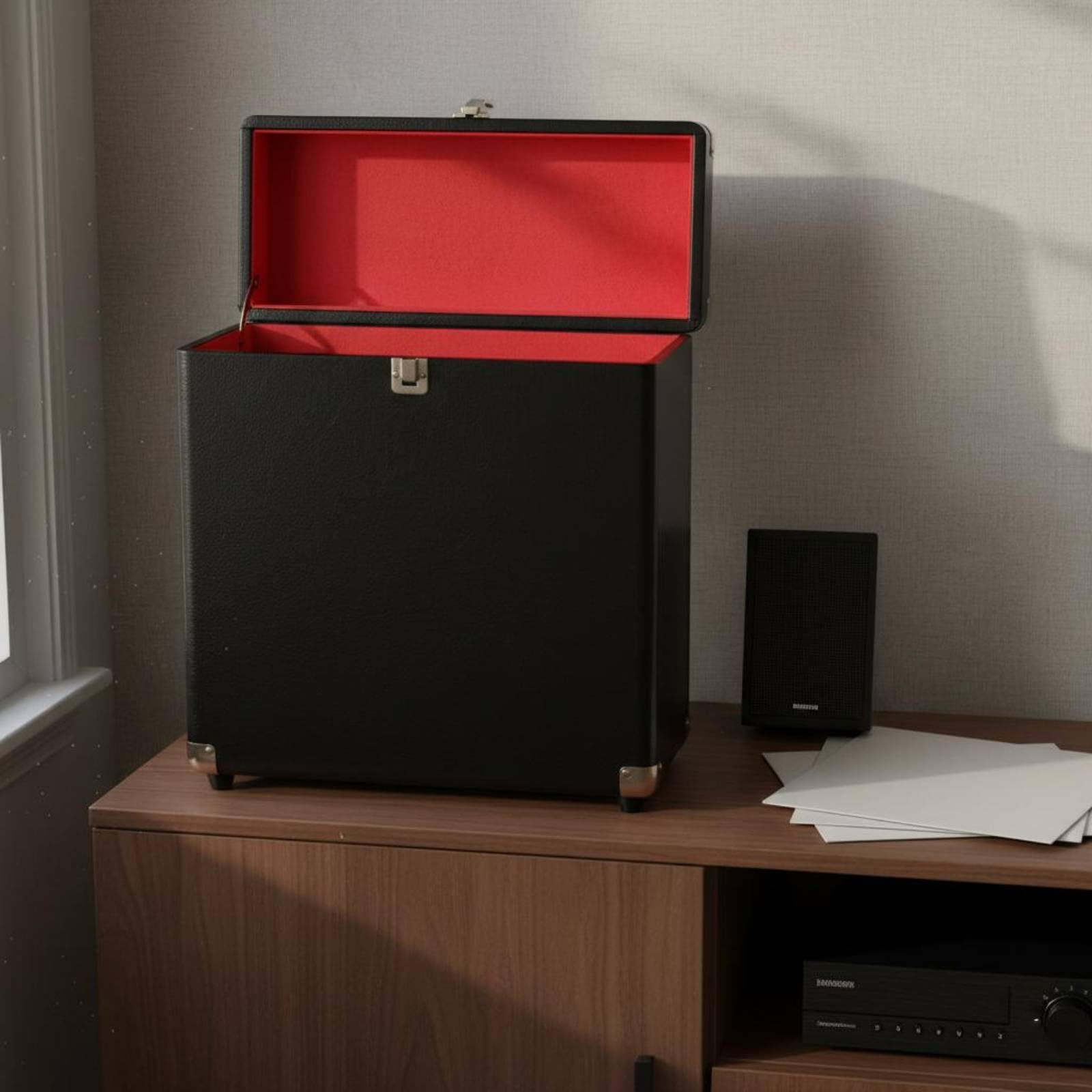 Amagogo Custodia Vinili Scatola Contenitore Valigetta Bauletto Porta Dischi LP in Pelle con Design Portatile E Protezione Dai Graffi Adatta per DJ Collezionisti, Nero+Rosso