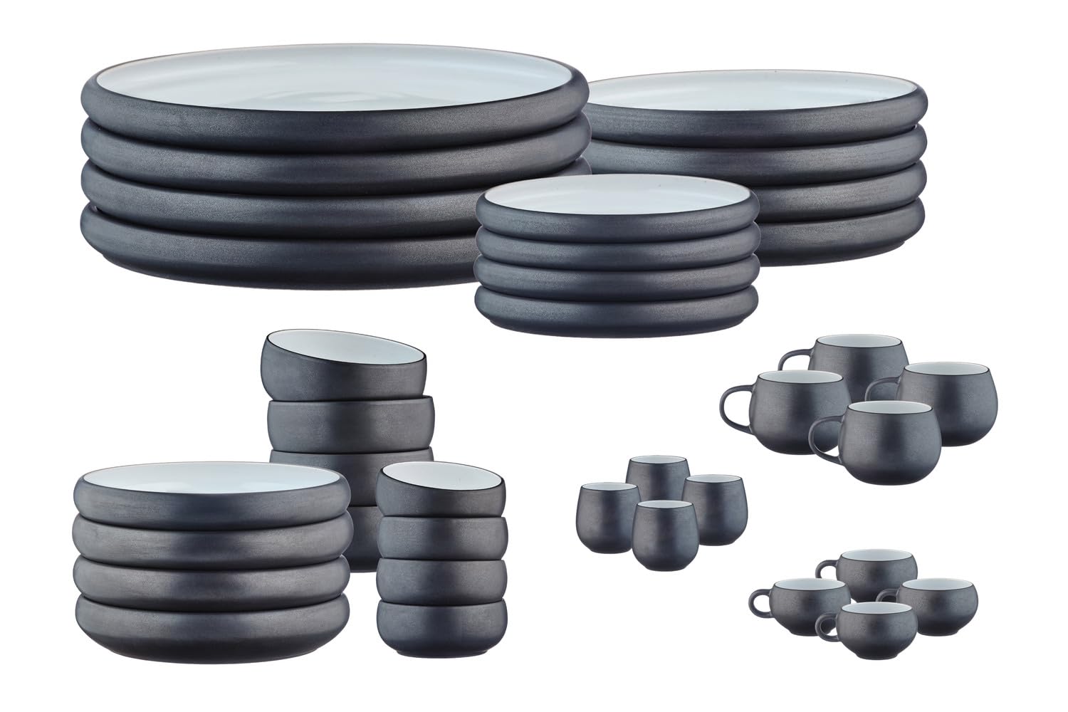 BJORN GOURMET Geschirrset – 36-teiliges Service für 4 Personen, modernes Geschirr Set mit Tellern, Schalen & Tassen, Design Schwarz Onyx & Weiß
