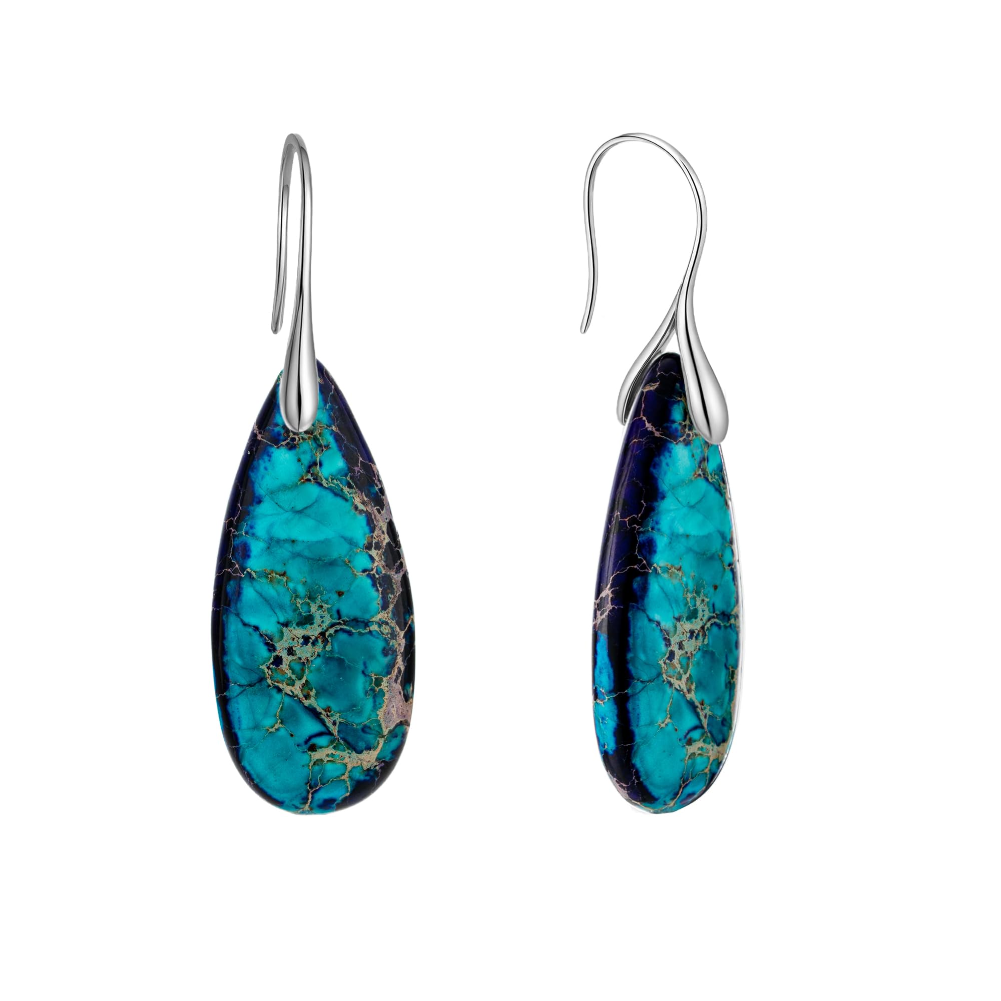 925 Sterling Silver Natural Imperial Jasper Dangle Drop Earrings, Waterdrop Shape, Boho Style