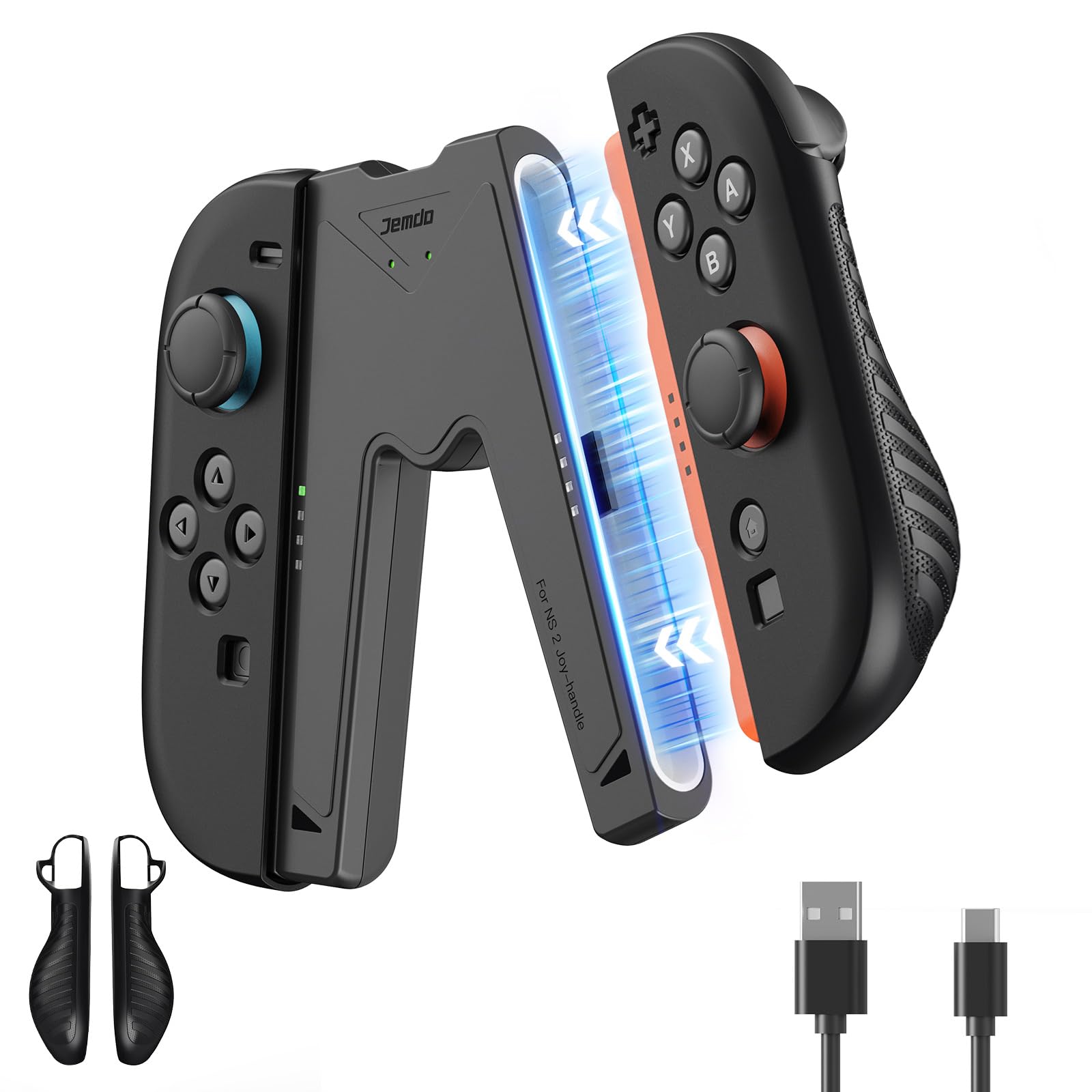 JEMDO Magnetische Joy Con 2 Aufladehalterung mit 2 Grip Case kompatibel mit Nintendo Switch 2, Ergonomische Controller Halterung mit Ladegerät, LED-Anzeige, USB-C Kabel Reisegeeignet, Schwarz