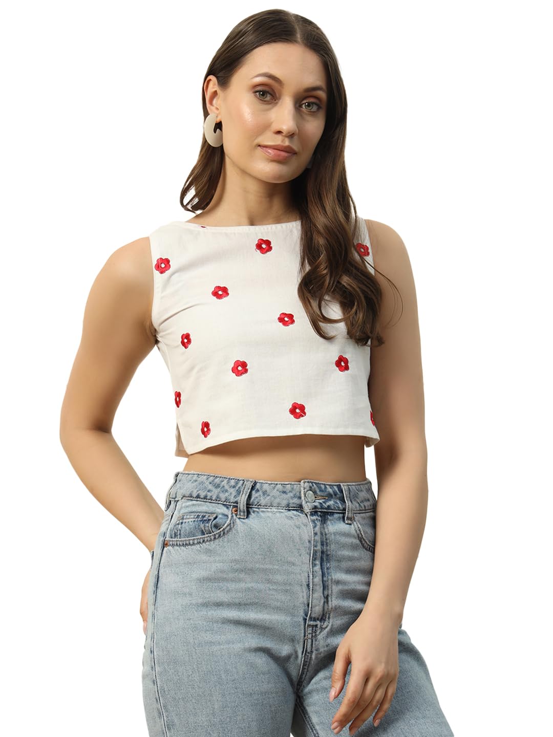 Women's White Embroidered Cotton Crop Top