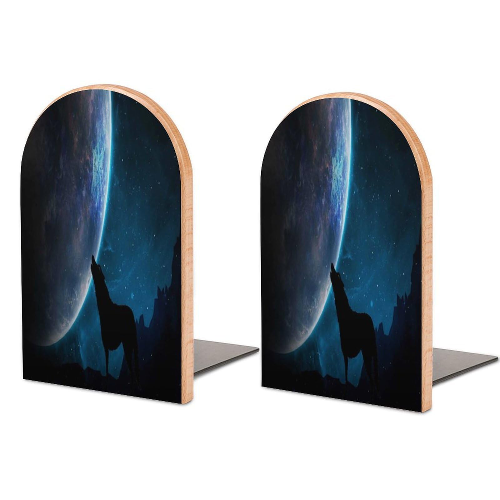 The Wolf Howls in The Forest at Night Beech Wood Bookends Heavy Duty Book Organizers Desktop File Holder for Office Home Bookshelf